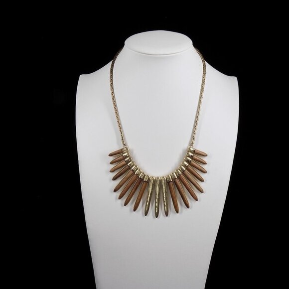 Lucky Brand Necklace Wood Brass Tribal Collar Statement Rustic 15" 1.5" extender - Picture 2 of 9